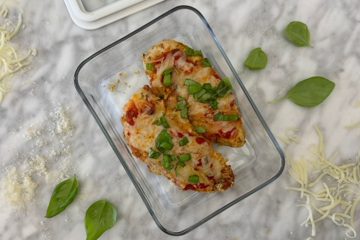 Air fryer chicken parmesan in a storage container