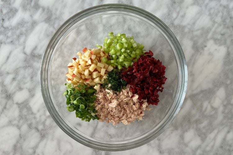 Apple tuna salad ingredients in a bowl