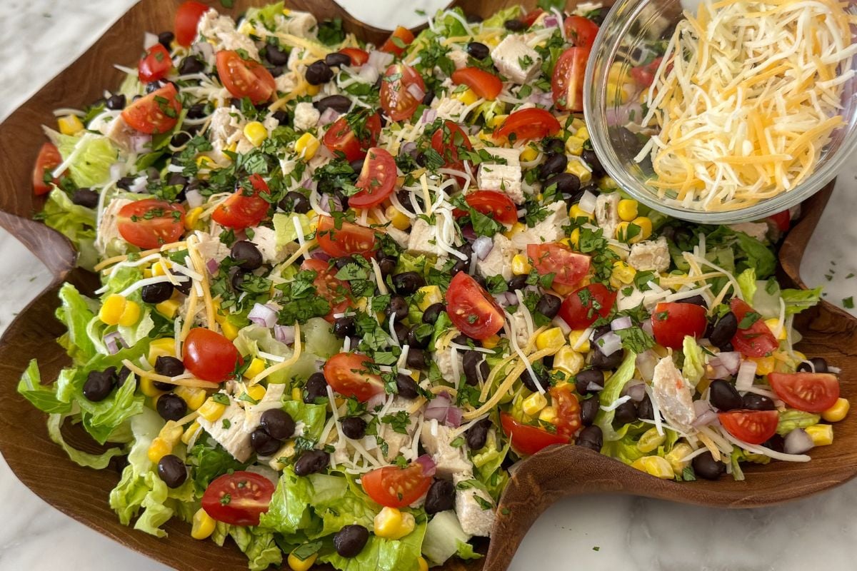 Assembled BBQ chicken salad in bowl