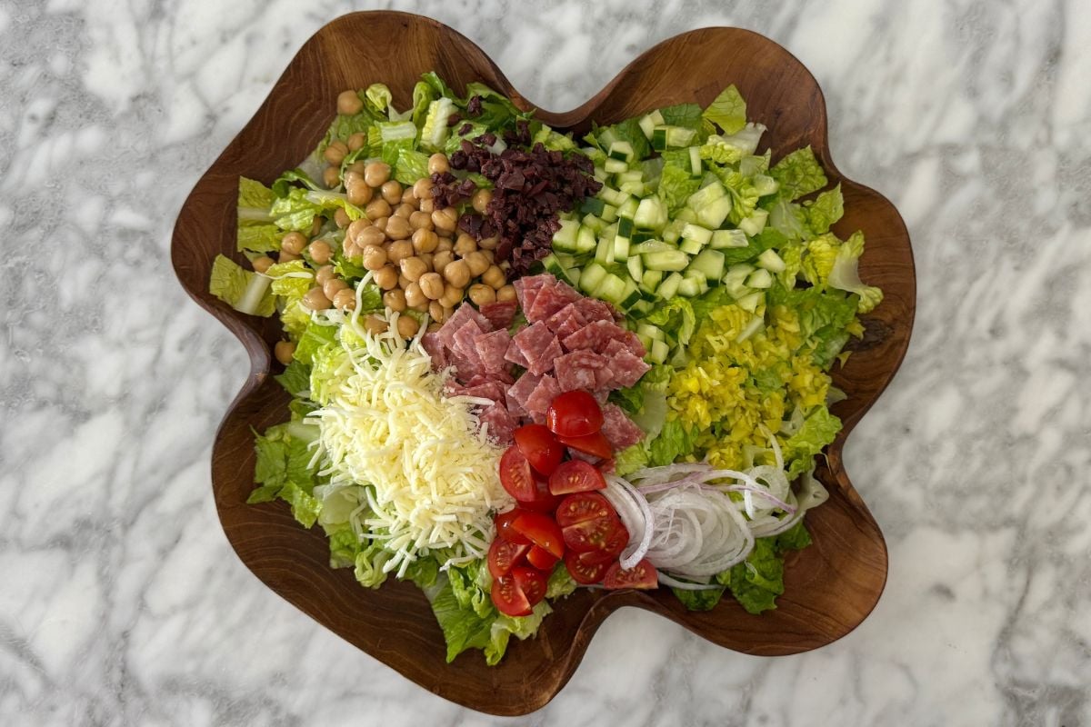 Assembled Italian chopped salad in bowl