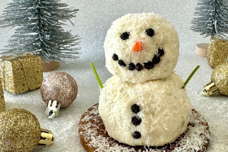 Assembled snowman cheese ball