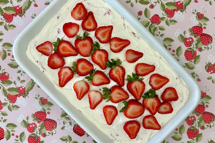 Assembled strawberry poke cake