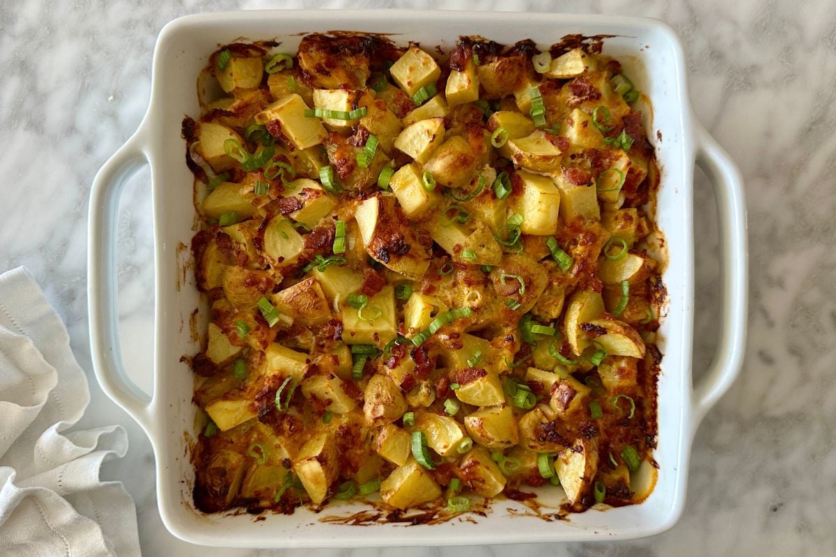 Baked Mississippi Mud Potatoes in baking dish