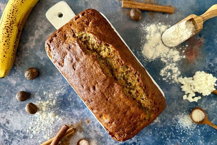 Baked banana bread loaf