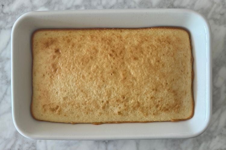 Baked cake in baking dish
