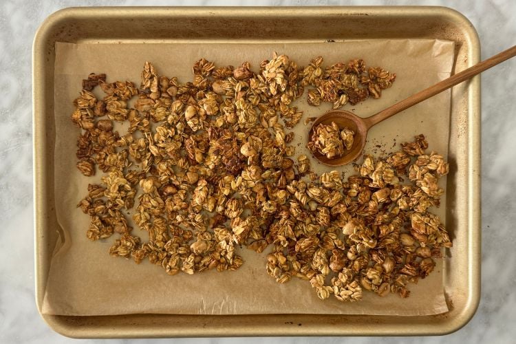 Baked peanut butter granola on sheet pan