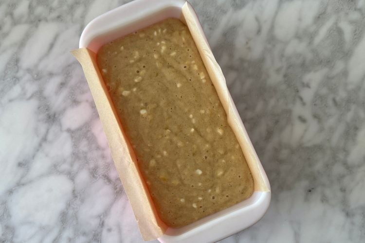 Banana bread made with cottage cheese in loaf pan