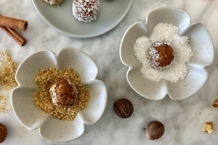 Bliss balls rolled in coconut and walnuts