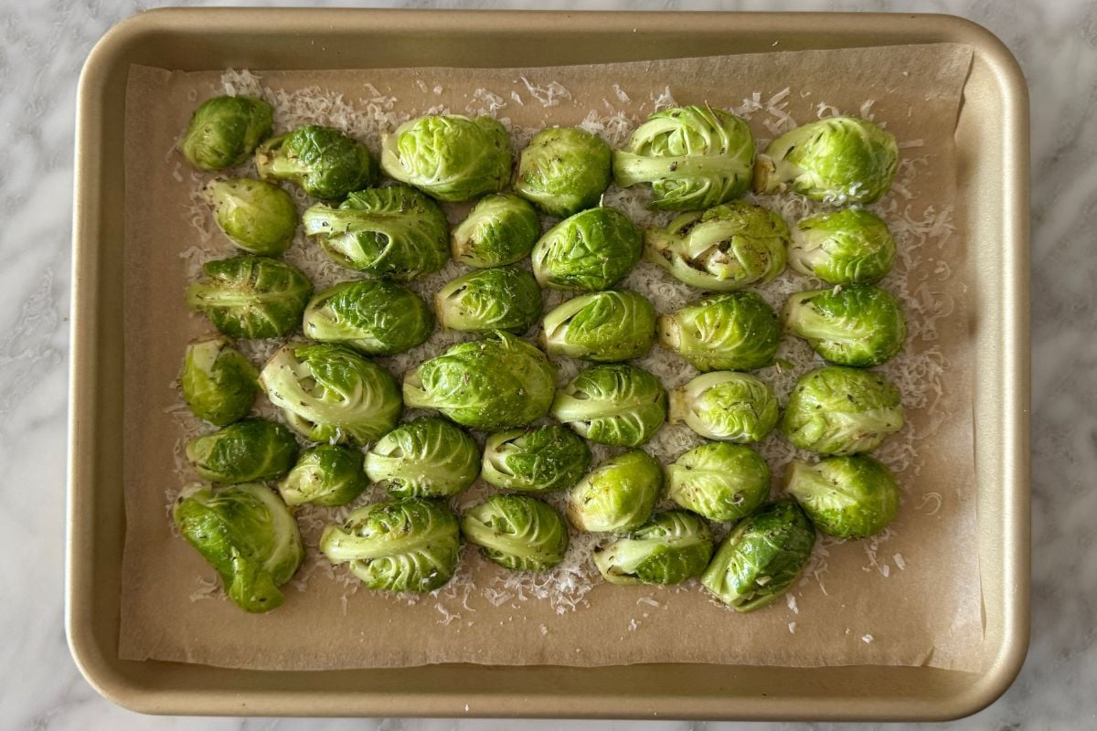 Brussels sprouts on sheet pan with parmesan