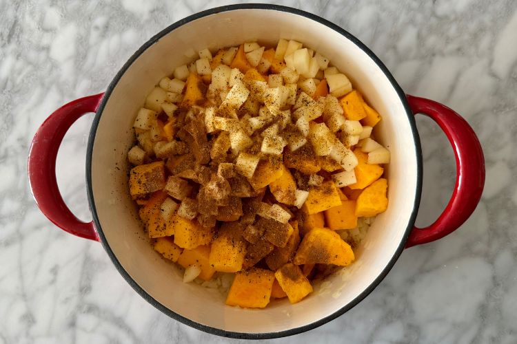 Butternut squash and apple in pan