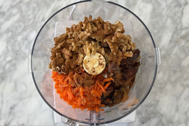 Carrot cake bliss balls ingredients in food processor
