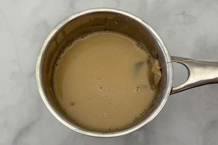 Chia tea bag in almond milk