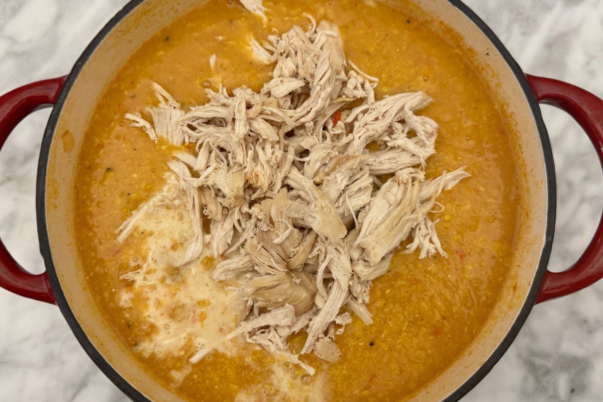 Chicken and corn chowder in a Dutch oven