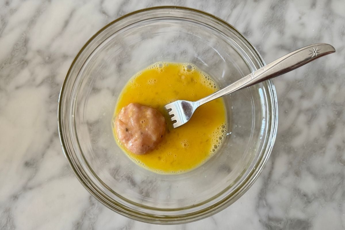 Chicken nugget in the egg mixture