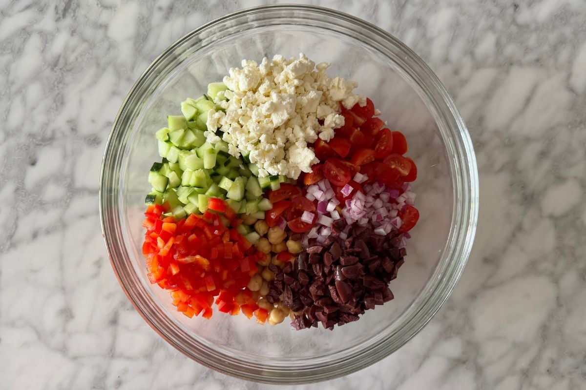 Chickpea salad ingredients in bowl