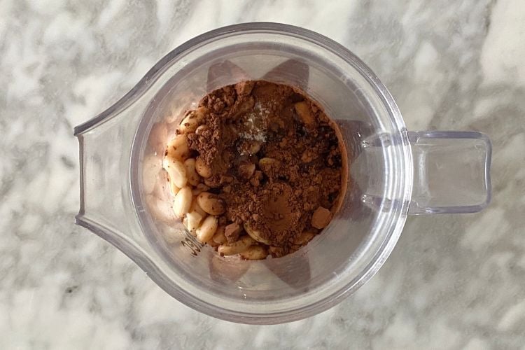 Chocolate hummus ingredients in a blender