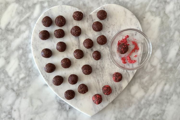 Chocolate strawberry balls on platter