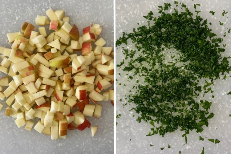Chopped apple and parsley on cutting board