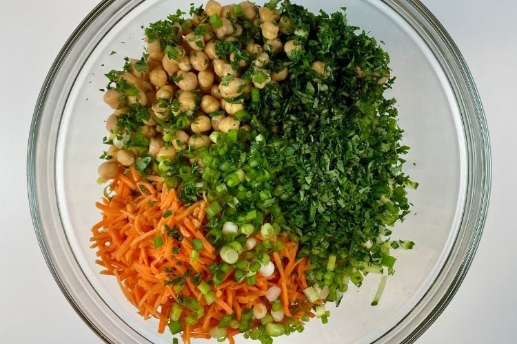 Chopped ingredients in a bowl for the salad