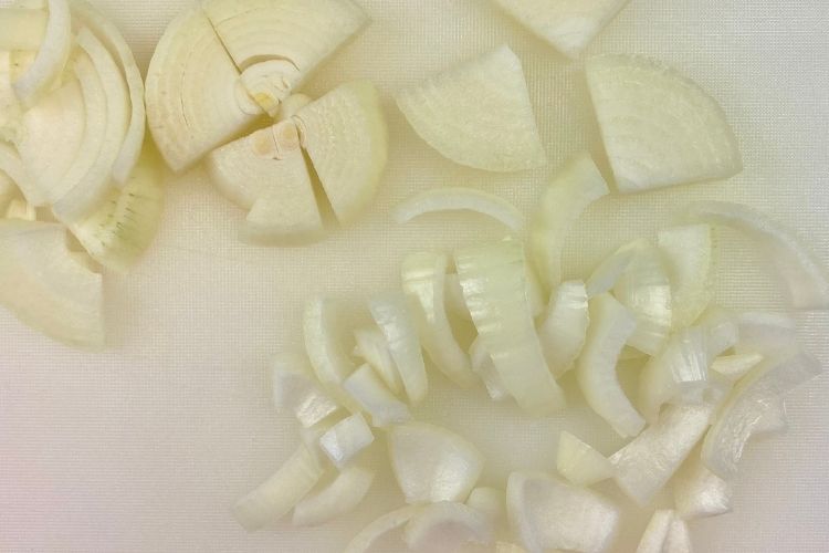 Chopped onion for roasted brussels sprouts salad