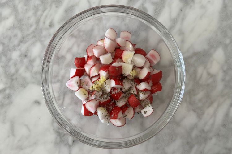 Chopped radishes in a bowl
