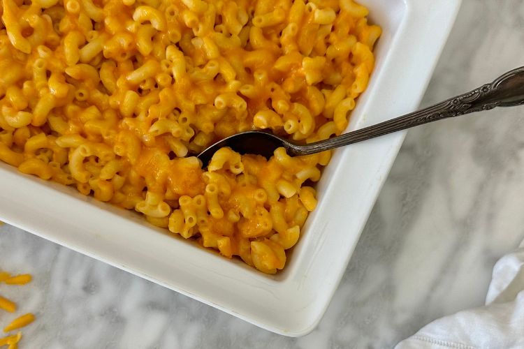 Cooked macaroni and cheese in baking dish