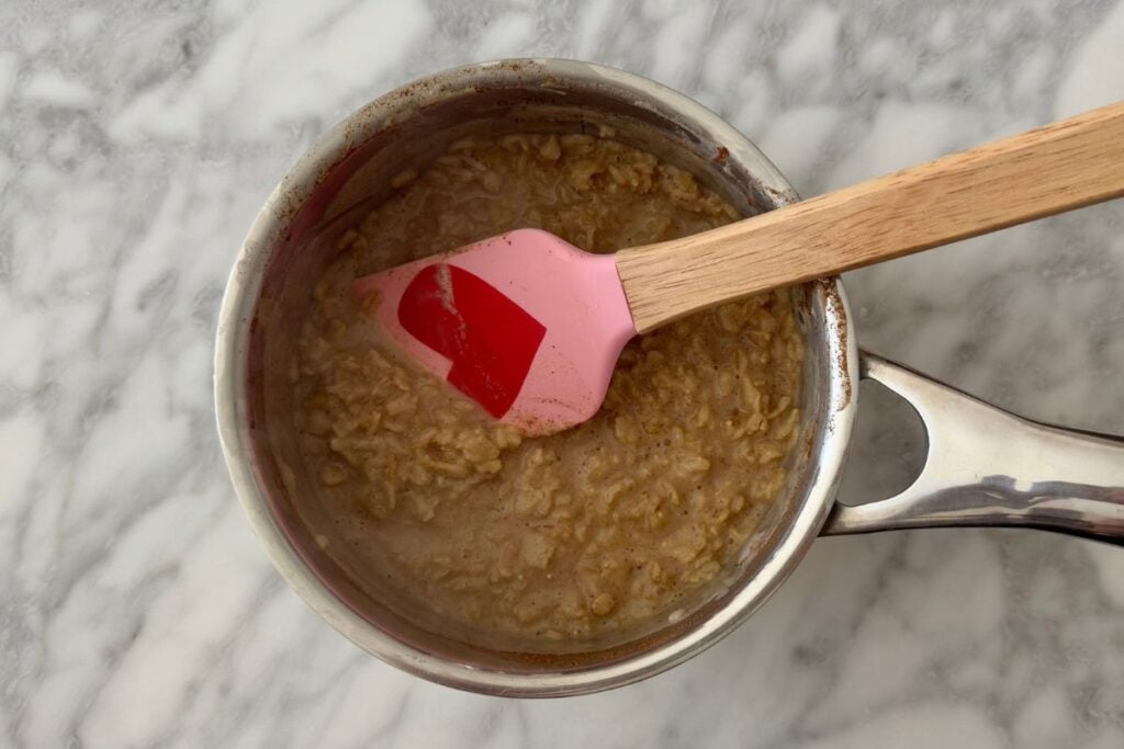 Cooked oatmeal in a saucepan