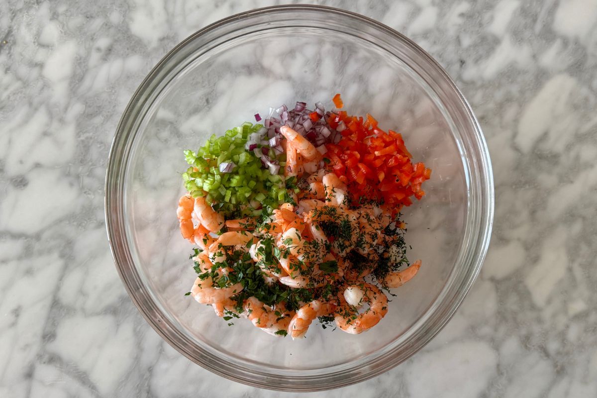 Cooked shrimp in bowl for shrimp salad