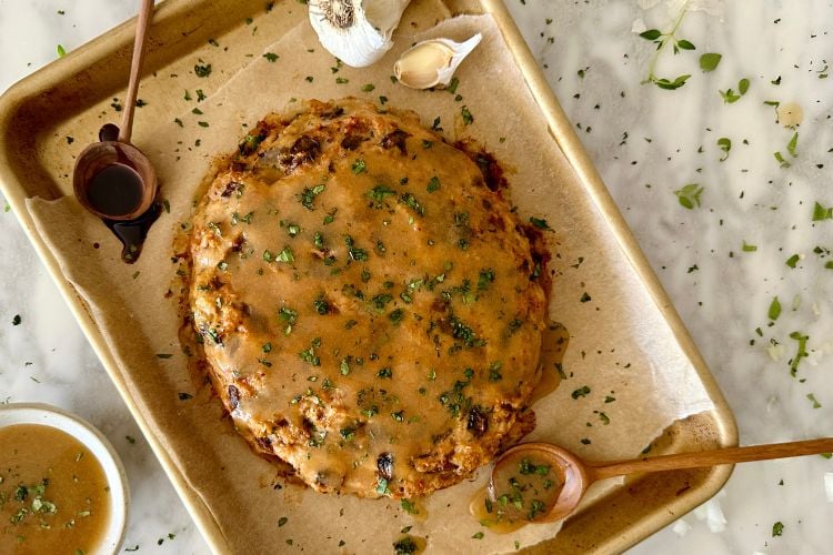 Cooked turkey meatloaf with mushrooms