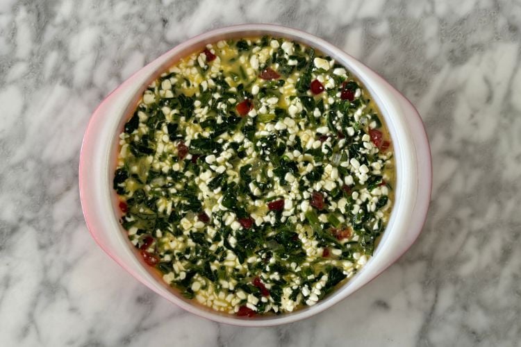 Crustless cottage cheese quiche in baking dish