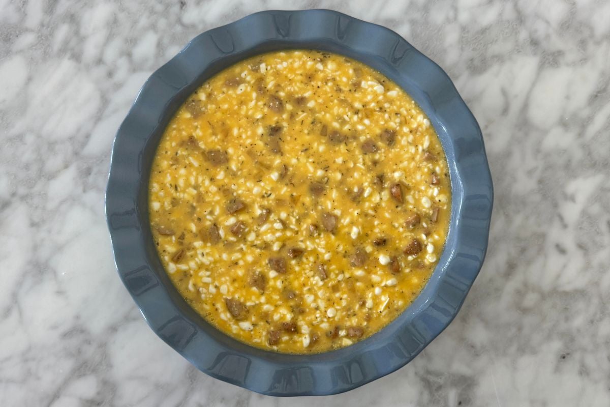 Crustless sausage quiche in a quiche pan