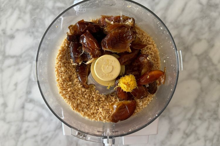 Dates and lemon zest in food processor