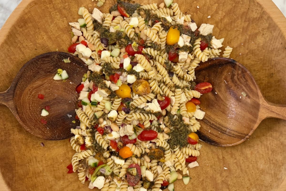 Dressing on Italian pasta salad
