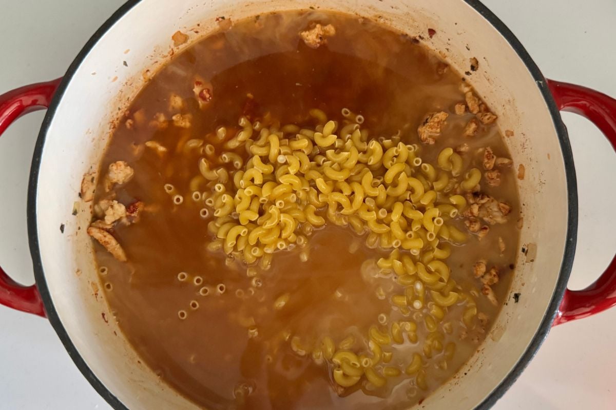 Dried pasta in pan for homemade Hamburger helper
