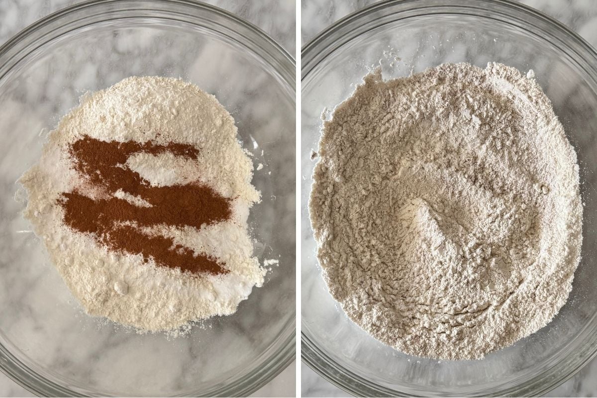 Dry ingredients for cranberry orange muffins in a bowl