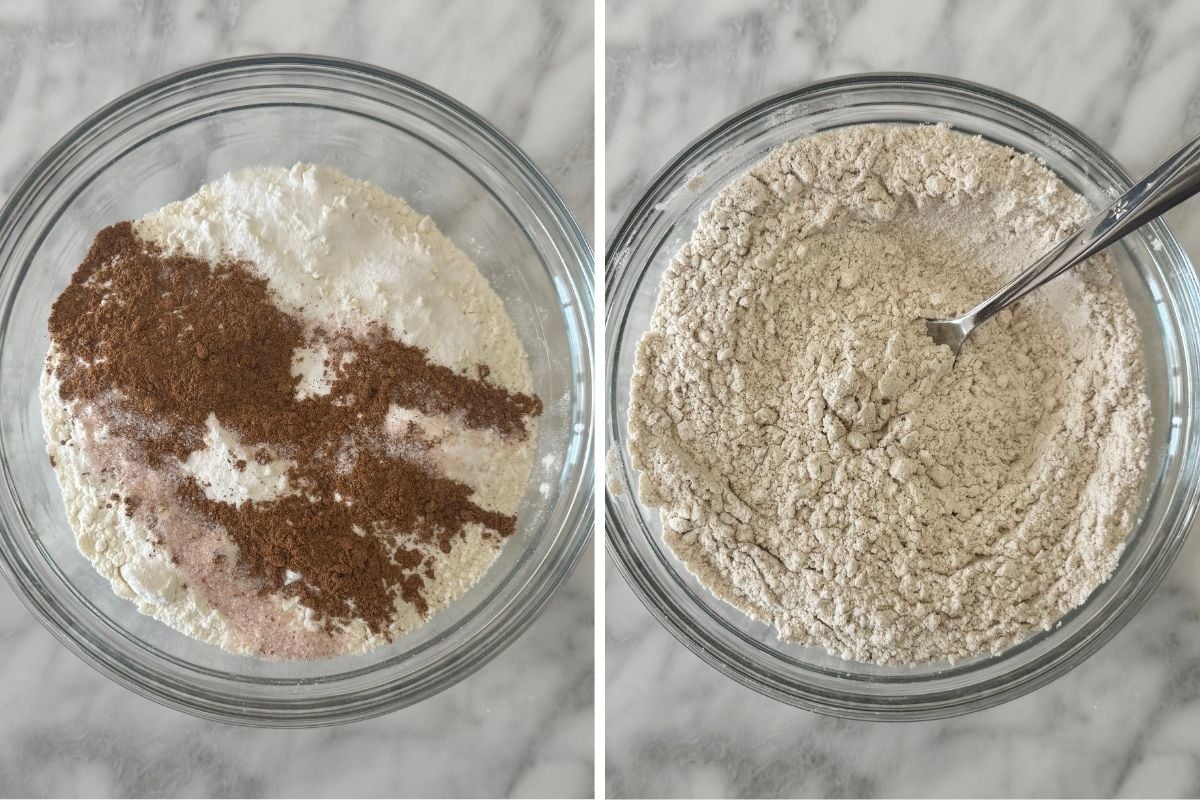 Dry ingredients in a bowl for pumpkin cream cheese muffins