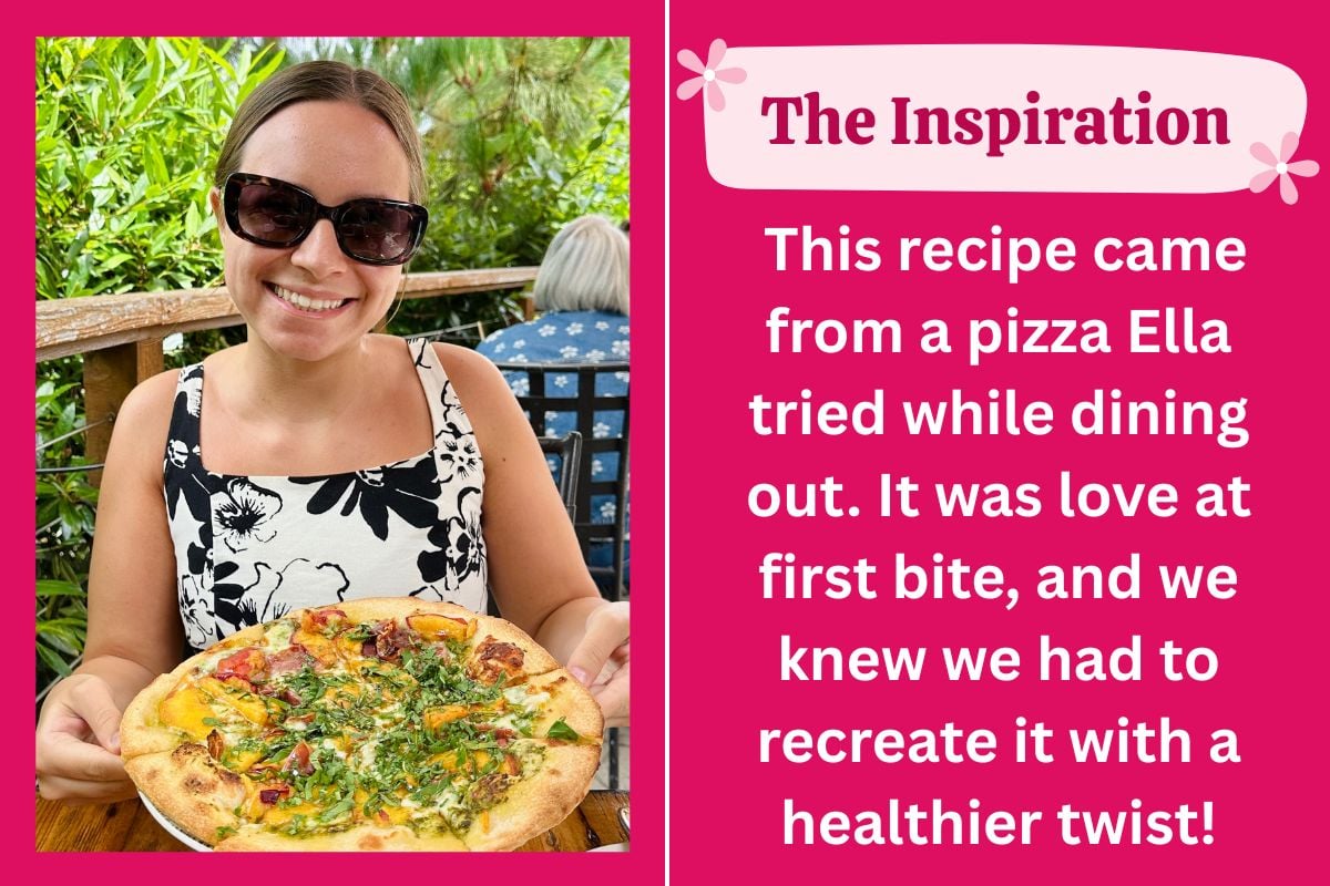 Ella eating the pesto peach prosciutto pizza