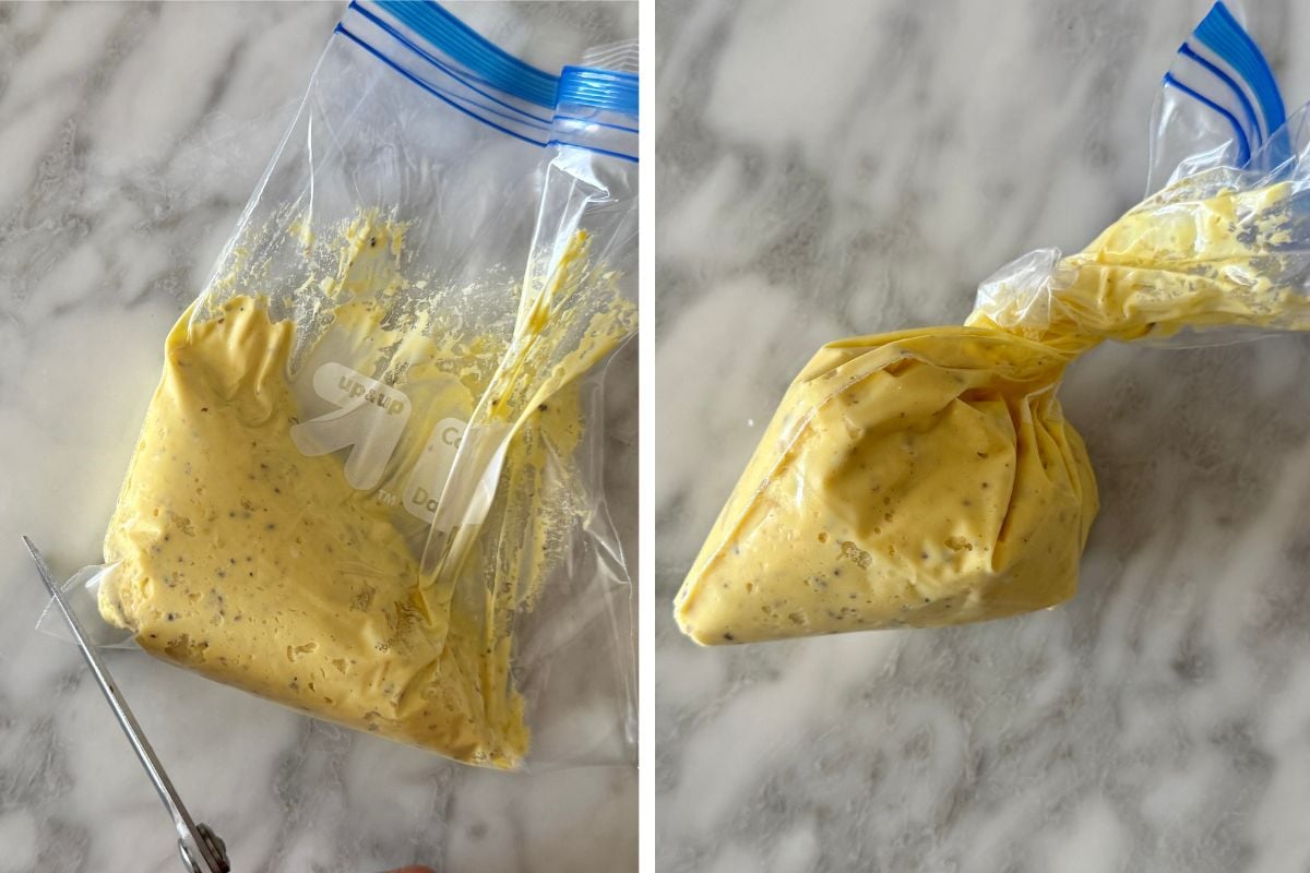 Filling for cottage cheese deviled eggs in bag