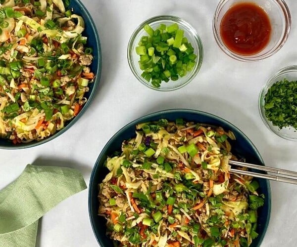 Finished egg roll in a bowl