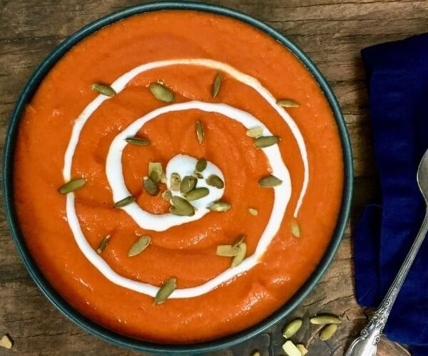 Finished roasted carrot ginger soup by Healthy Foodie Girl