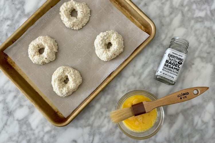 Formed bagels on sheet pan