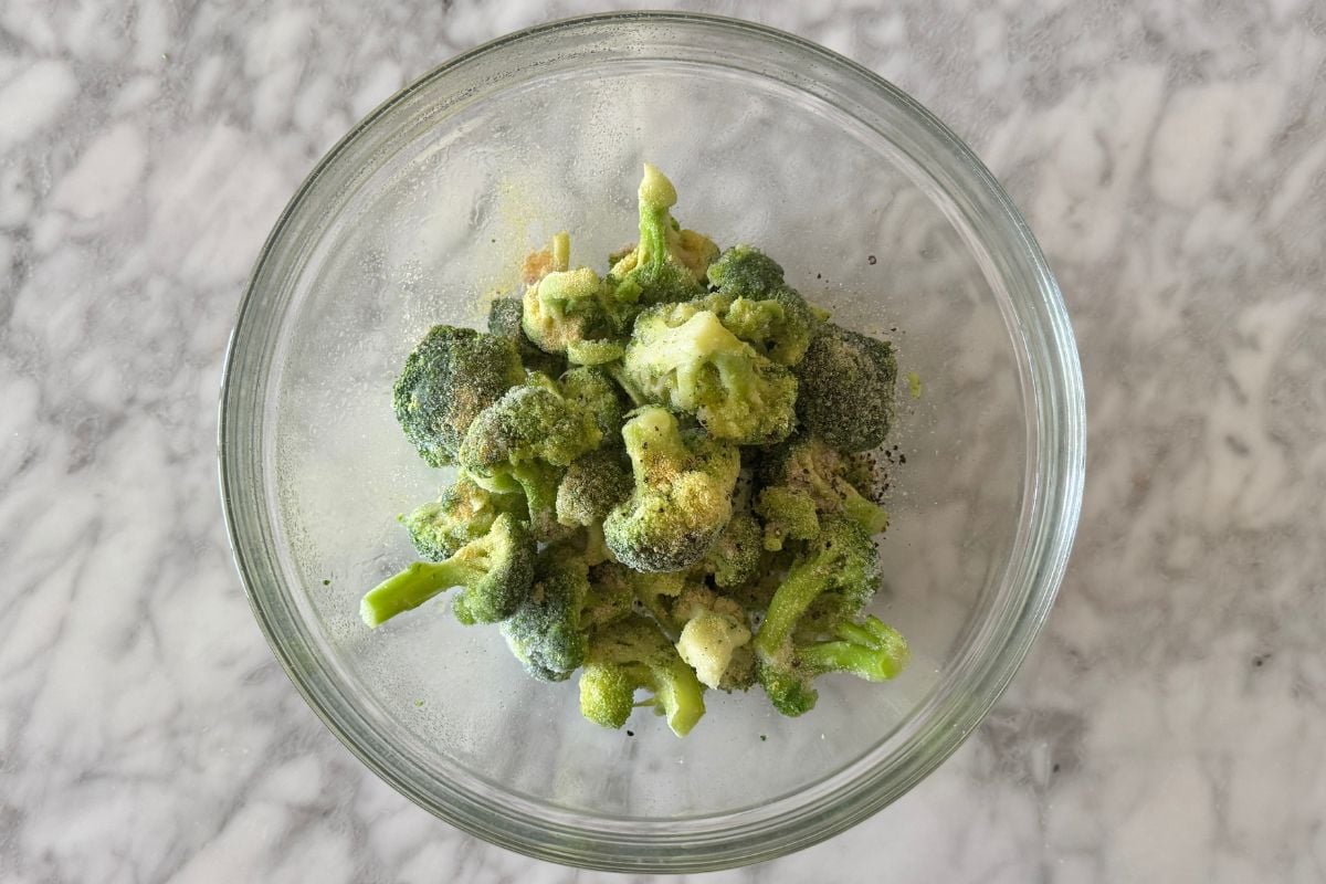 Frozen broccoli in a large bowl