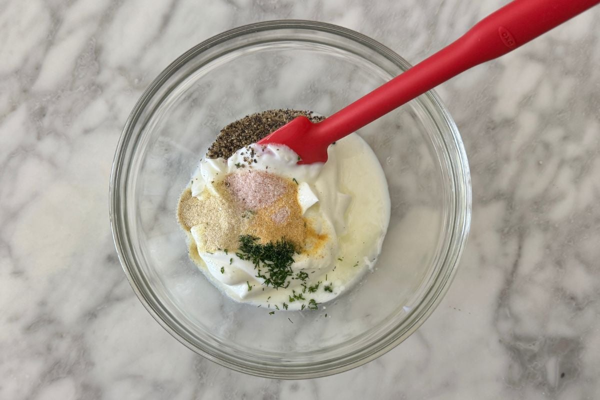Greek yogurt ranch dressing ingredients in bowl