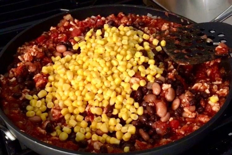 Healthy Chicken Burrito Bowl Ingredients in Pan