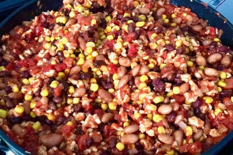 Healthy Chicken Burrito Bowl Mixed in Pan