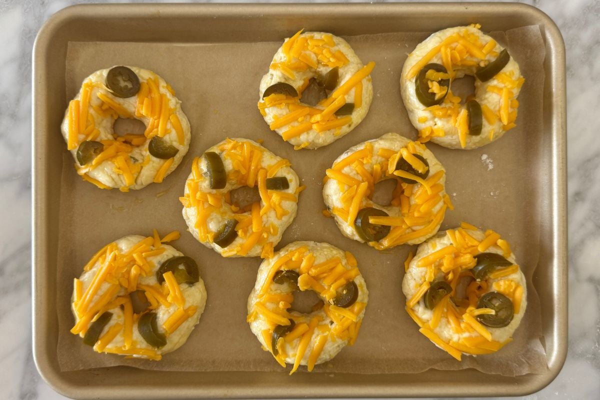 High protein jalapeño cheddar bagels on sheet pan