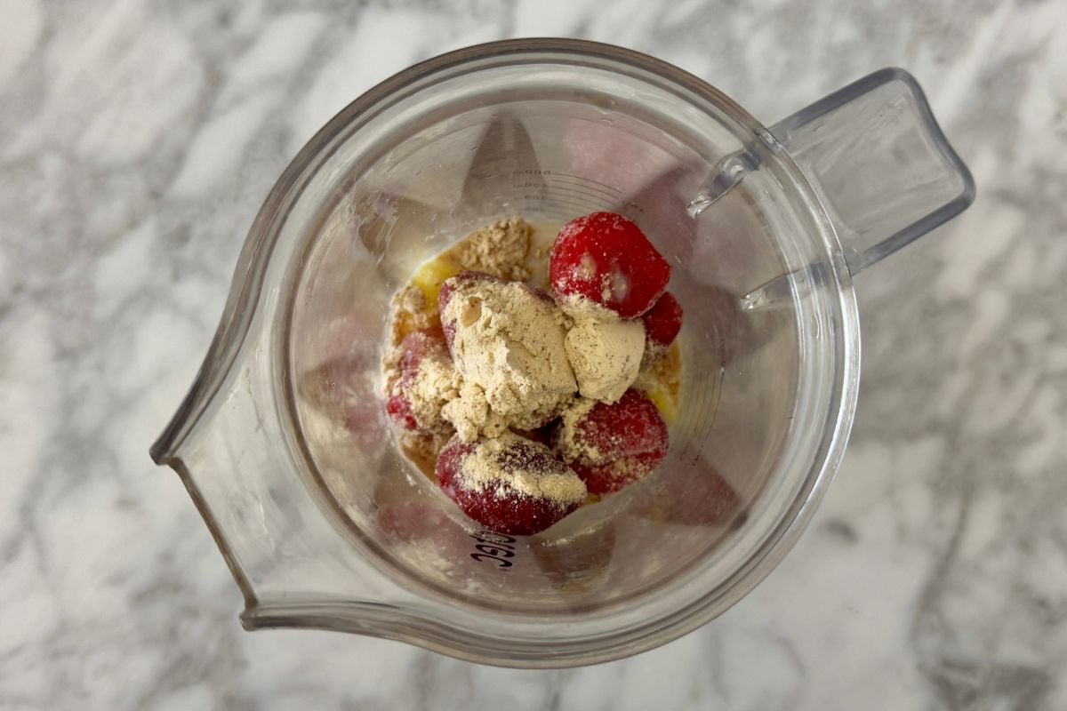 Homemade strawberry dole whip ingredients in blender