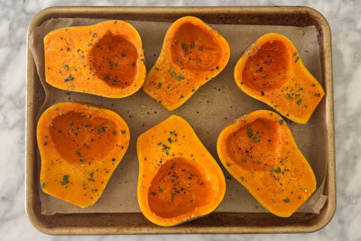 Honeynut squash on a sheet pan