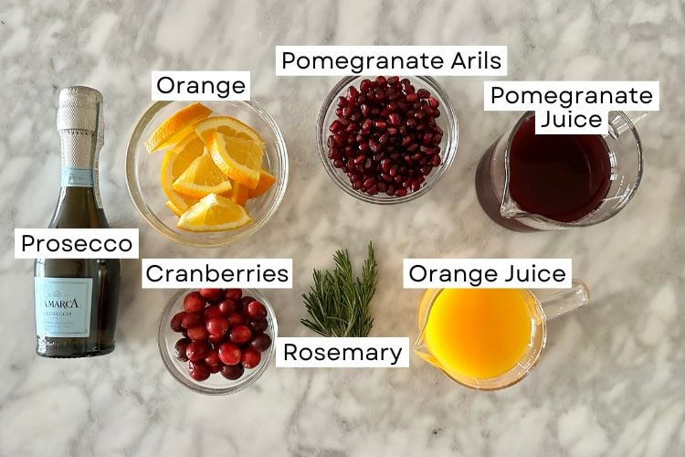 Ingredients for a Christmas Prosecco cocktail