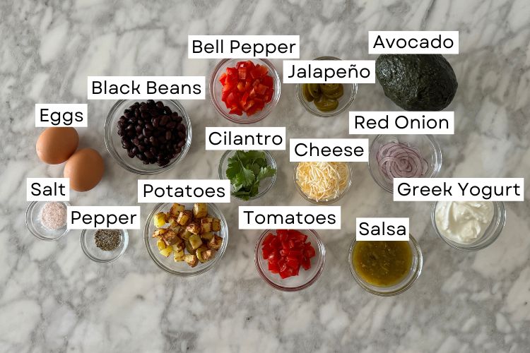Ingredients for a breakfast burrito bowl